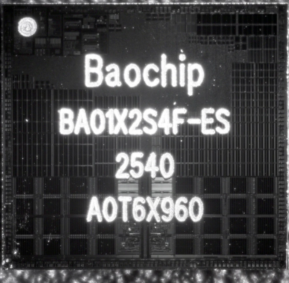 Die shot of the Baochip BA01X2S4F-ES showing the on die markings and logic blocks
