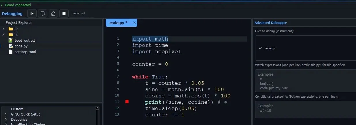 Visual debugger with breakpoints and watch expressions