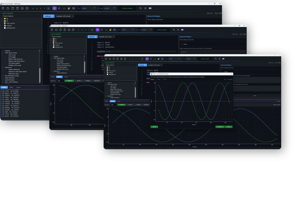 RV Circuit Studio IDE with plotter and data analysis