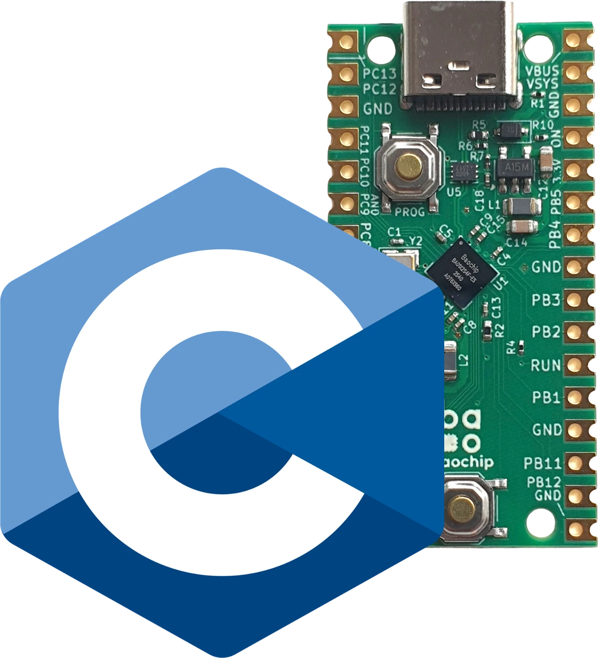 The C language logo alongside the Baochip 1x development board