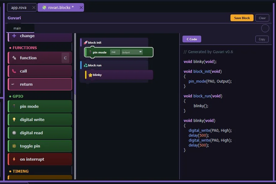 Guvari visual block programming with live C code