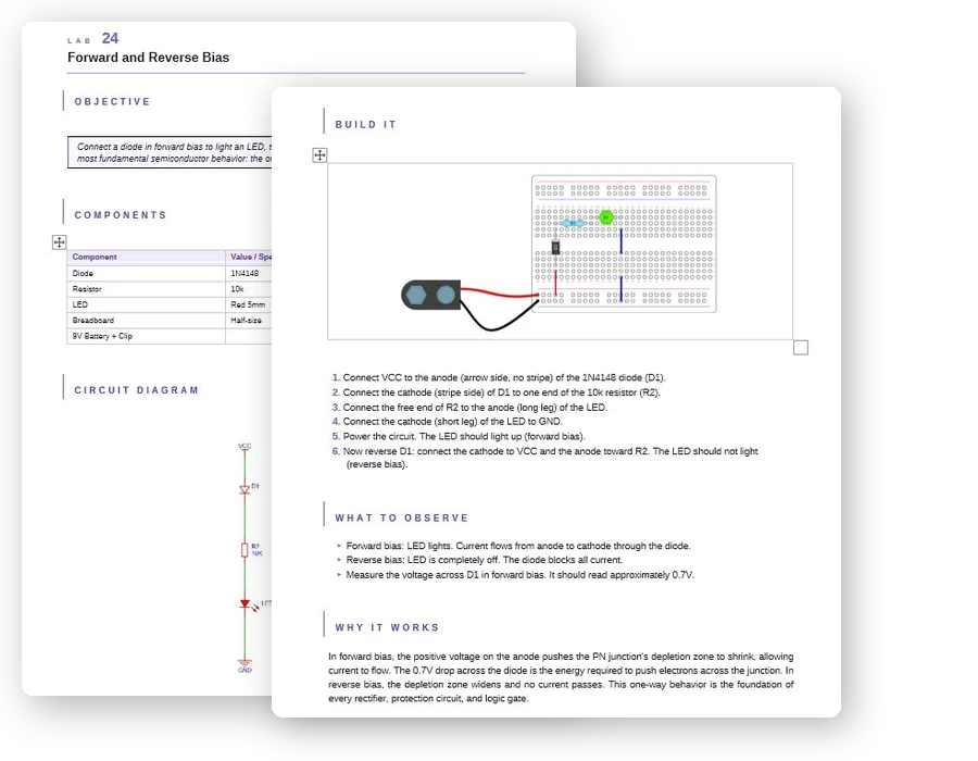 Lab manual pages with circuit diagrams and breadboard layouts