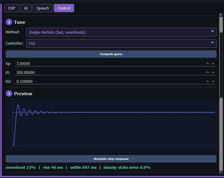 PID tuner with step response preview in RV Systems Studio