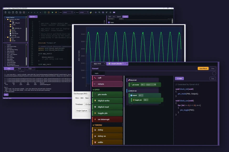 RV Systems Studio IDE with oscilloscope and Guvari block programming